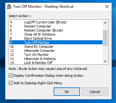 Screenshot of the List Box to create Desktop Shortcuts